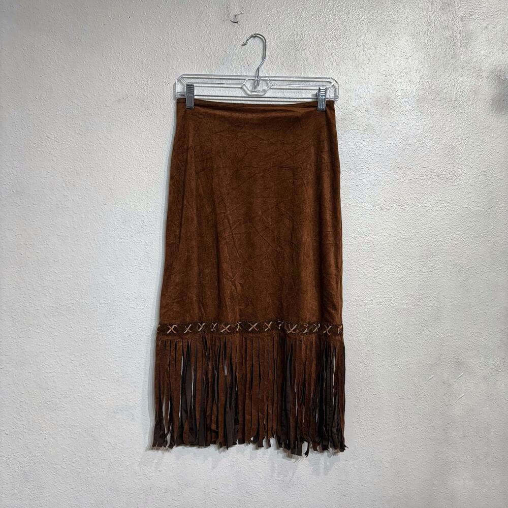 Yagi USA Brown Faux Suede Fringe Vintage Midi Skirt Sz M